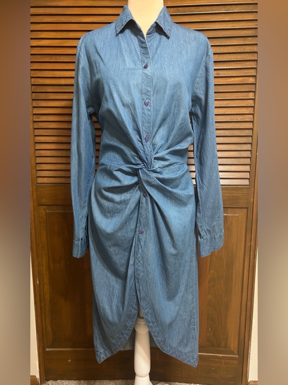 Thread Story Chambray Denim-like Twist-Front Long Sleeve Shirt Dress Size L